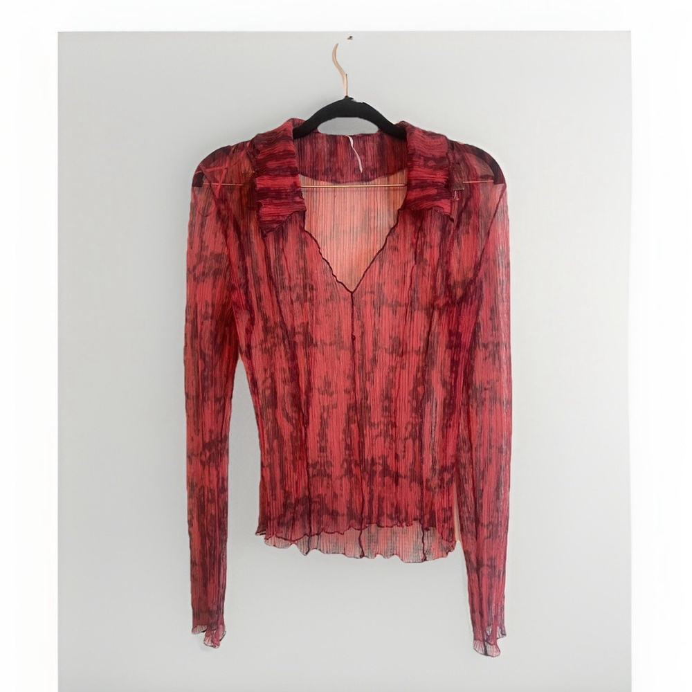 Free People Size S Red Semi Sheer Y2K Whimsy Romance burnout top‎